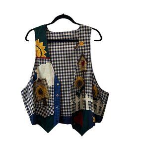 Vintage Handcrafted Sunflower Vest Blue White Checkered Farm Cottagecore Size XL